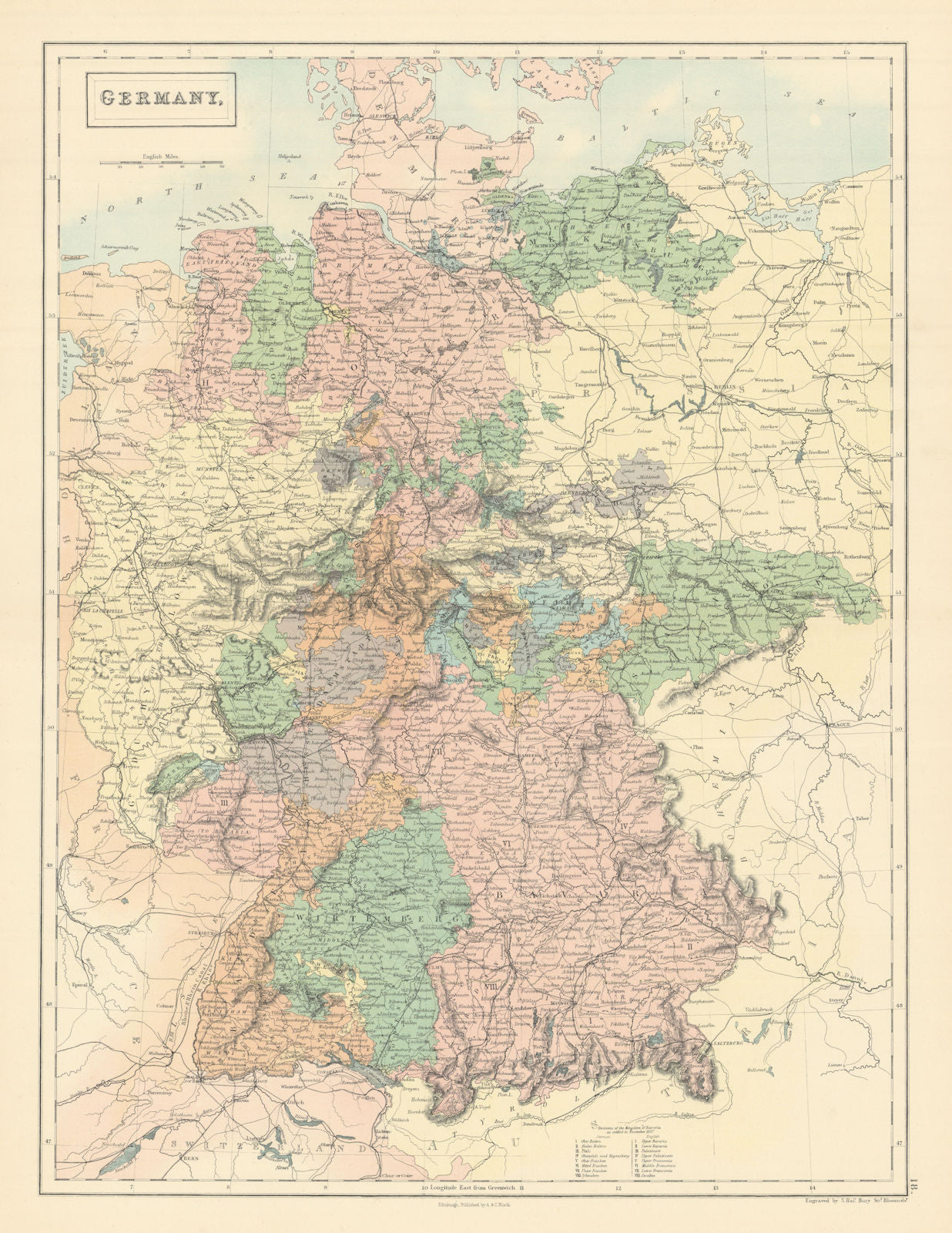 Germany showing states by SIDNEY HALL 1862 old antique vintage map plan chart